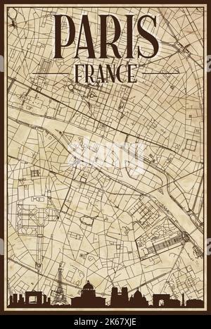 Marrone vintage stampa mano-disegnata mappa di rete strade del centro DI PARIGI, FRANCIA con lo skyline della città marrone 3D e la scritta Illustrazione Vettoriale