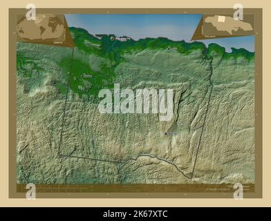 Trelawny, parrocchia della Giamaica. Mappa di altitudine colorata con laghi e fiumi. Località e nomi delle principali città della regione. Posizione ausiliaria ad angolo Foto Stock