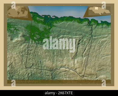 Trelawny, parrocchia della Giamaica. Mappa di altitudine colorata con laghi e fiumi. Posizioni delle principali città della regione. Mappe delle posizioni ausiliarie degli angoli Foto Stock