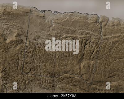 Trelawny, parrocchia della Giamaica. Mappa dell'altitudine colorata in tonalità seppia con laghi e fiumi Foto Stock