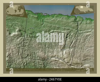 Trelawny, parrocchia della Giamaica. Mappa dell'altitudine colorata in stile wiki con laghi e fiumi. Località e nomi delle principali città della regione. Angolo auxi Foto Stock