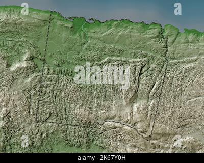 Trelawny, parrocchia della Giamaica. Mappa dell'altitudine colorata in stile wiki con laghi e fiumi Foto Stock