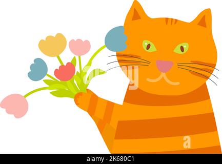 Arancione gatto divertente con un bouquet di fiori. Illustrazione Vettoriale