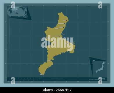 Mie, prefettura del Giappone. Forma a tinta unita. Località e nomi delle principali città della regione. Mappe delle posizioni ausiliarie degli angoli Foto Stock