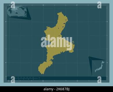 Mie, prefettura del Giappone. Forma a tinta unita. Posizioni delle principali città della regione. Mappe delle posizioni ausiliarie degli angoli Foto Stock