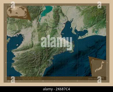 Mie, prefettura del Giappone. Mappa satellitare a bassa risoluzione. Località e nomi delle principali città della regione. Mappe delle posizioni ausiliarie degli angoli Foto Stock