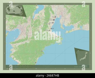 Mie, prefettura del Giappone. Aprire la mappa stradale. Località e nomi delle principali città della regione. Mappe delle posizioni ausiliarie degli angoli Foto Stock