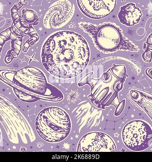 Spazio futuristico sfondo senza cuciture. Pianeti e stelle, concetto di galassia. Illustrazione del vettore retro del modello Illustrazione Vettoriale