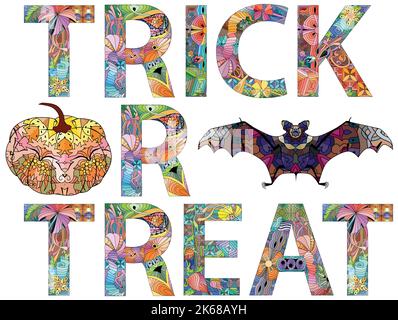 Trucco di Halloween disegnato a mano o trattare sfondo vettoriale. Poster horror di Halloween con scritte a mano ed elementi decorativi. Illustrazione Vettoriale