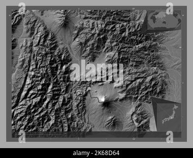 Yamanashi, prefettura del Giappone. Mappa altimetrica bilivello con laghi e fiumi. Mappe delle posizioni ausiliarie degli angoli Foto Stock