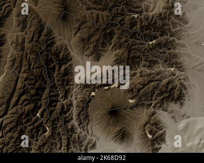Yamanashi, prefettura del Giappone. Mappa dell'altitudine colorata in tonalità seppia con laghi e fiumi Foto Stock