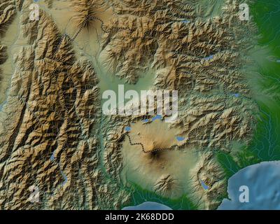 Yamanashi, prefettura del Giappone. Mappa di altitudine colorata con laghi e fiumi Foto Stock