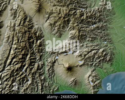 Yamanashi, prefettura del Giappone. Mappa dell'altitudine colorata in stile wiki con laghi e fiumi Foto Stock