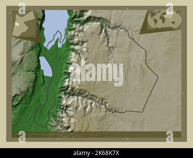 Karak, provincia di Giordania. Mappa dell'altitudine colorata in stile wiki con laghi e fiumi. Mappe delle posizioni ausiliarie degli angoli Foto Stock