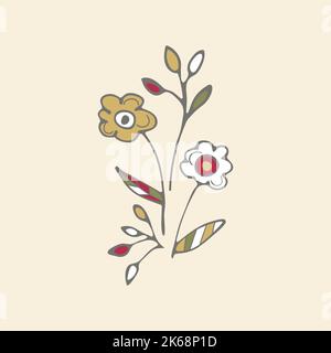 Composizione fitsy floreale. Fiori decorativi disegnati a mano carino, ingenuo stile di doodle infantile. Tavolozza di colori grigio, rosso, verde e giallo. Vettore Illustrazione Vettoriale