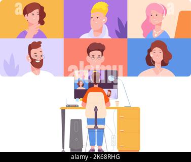Uomo che guarda il grande schermo con videoconferenza chiamata persone isolate su sfondo bianco Illustrazione Vettoriale