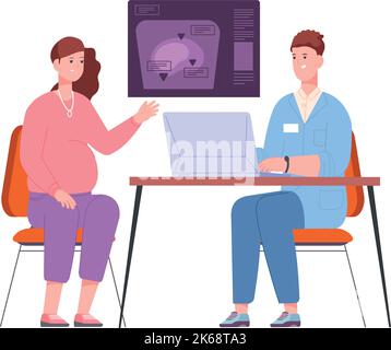 Donna incinta che parla con il medico del risultato del test e delle scansioni mediche isolate su sfondo bianco Illustrazione Vettoriale
