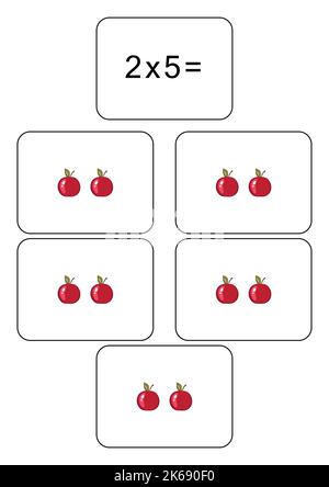 Tabella di moltiplicazione di 2. Scheda matematica con un esempio, disegno. Quadrato di moltiplicazione, illustrazione vettoriale. Prodotti stampati, banner, tabella per Illustrazione Vettoriale