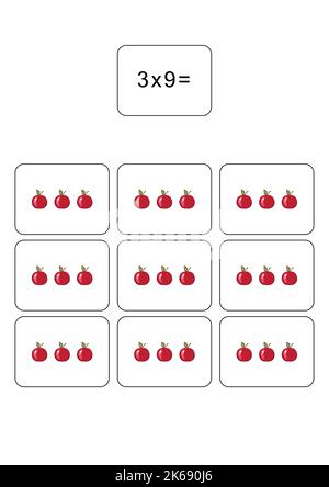 Tabella di moltiplicazione di 3. Scheda matematica con un esempio, disegno. Quadrato di moltiplicazione, illustrazione vettoriale. Prodotto stampato, striscione, tabella per Illustrazione Vettoriale