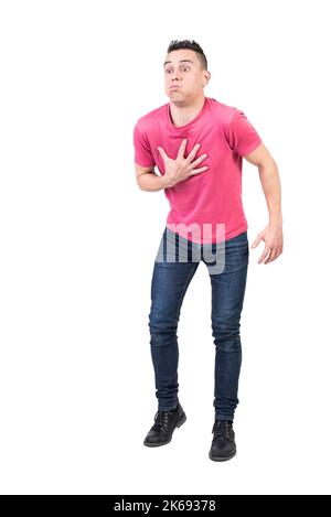 L'uomo si sente malato e nausea. Sfondo bianco Foto Stock