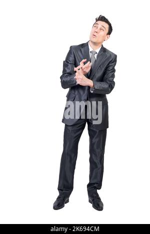 Uomo d'affari che conta sulle dita in studio. Sfondo bianco. Foto Stock