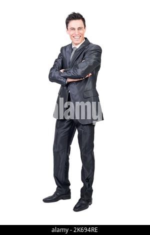 Allegro lavoratore maschile in tuta pieghevole mani in studio Foto Stock