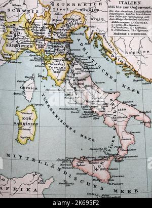 Digital riproduzione migliorata, Mappa di Italia tra 1815 e 1885, woodprint originale da th del XIX secolo Foto Stock