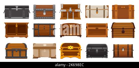 Cartoni animati, tronchi di legno isolato set. Antico tesoro reale o pirata ui gioco vettoriale asset con bottino, pietre gemme, monete d'oro e tesoro. Custodie decorate in legno e metallo Illustrazione Vettoriale