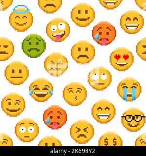 Motivo pixel emoji senza cuciture. Sfondo vettoriale ripetuto con cartoon 8bit volti tristi e felici, sorridere o emoji infelici. Piangendo, arrabbiato, amore espressione facciale, divertente viso giallo emoticon personaggi Illustrazione Vettoriale