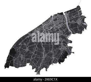 Mappa di Niigata. Mappa vettoriale dettagliata dell'area amministrativa della città di Niigata. Poster sulla città con vista metropolitana dell'aria. Terra nera con strade e viali bianchi Illustrazione Vettoriale