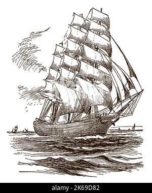 Antico Clipper in barca a vela sul mare ondulato Illustrazione Vettoriale