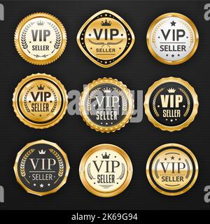 Badge ed etichette dorate del venditore VIP, negozio di alta qualità, icone in oro vettoriale. Miglior negozio di prodotti di lusso, banner con marchio VIP o etichetta con certificato di medaglia con corona dorata, stella e corona d'alloro Illustrazione Vettoriale