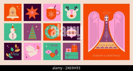 Sfondo del biglietto d'auguri con angelo di Natale e elementi decorativi natalizi. Illustrazione vettoriale colorata in stile cartoon geometrico piatto Illustrazione Vettoriale