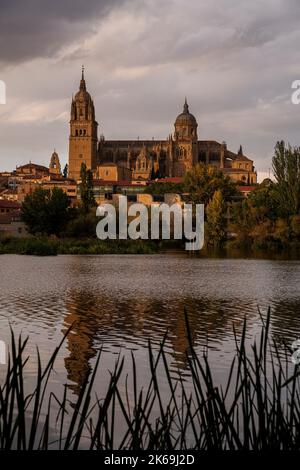 catedral de Salamanca reflejada en el Tormes Foto Stock