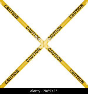 Avviso Vector nero e giallo, nastro di arresto pericolo isolato su sfondo quadrato bianco. Pericolo incrociato, cartello con nastro di attenzione, scherma, avvertenza Illustrazione Vettoriale