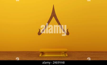 Podium oro o statua Buddha podio piedistallo con casa a forma di tetto timpano in stile Thai composizione d'arte, palco per prodotto, 3D rendering. Foto Stock