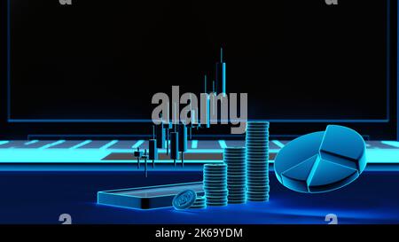 Smartphone con mercato azionario trading grafico candela stick e business chart, tecnologia di investimento finanziario, rendering 3D. Foto Stock