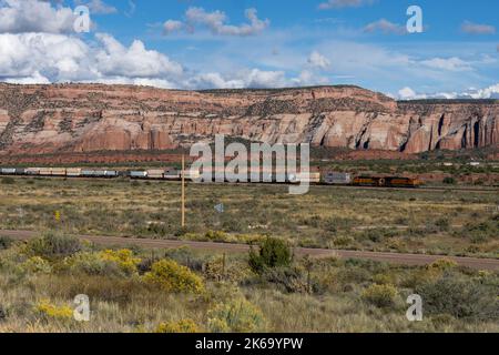 La velocità del treno merci attraverso Gallup, New mexico Foto Stock