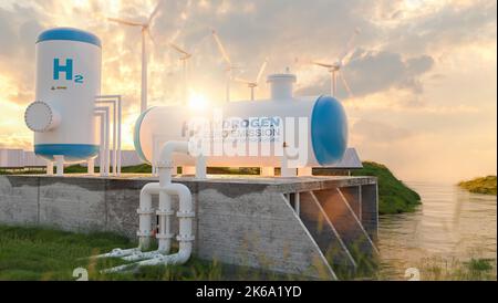 Impianto di produzione di energia rinnovabile a idrogeno verde - gasdotto verde a idrogeno per l'elettricità pulita impianto solare e di turbine eoliche nel backgrou Foto Stock