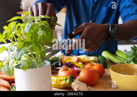 Parte centrale dell'uomo afroamericano in piedi in cucina e in cucina cena Foto Stock