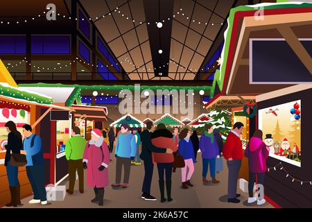 Un'illustrazione vettoriale del Bazaar del mercato interno di Natale di stagione di festa Illustrazione Vettoriale