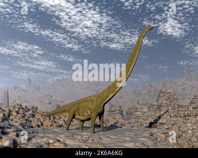 Il dinosauro di Malenchisaurus cammina su terreni accidentati. Foto Stock