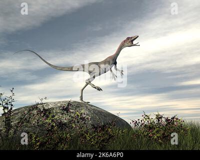 Dinosauro Compsognathus in piedi su una roccia in una giornata nuvolosa. Foto Stock