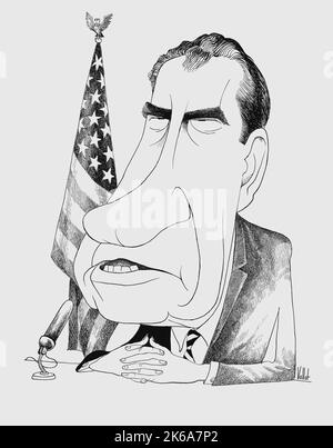 Una caricatura del presidente Richard Nixon seduto davanti ad un microfono di fronte ad una bandiera americana. Foto Stock