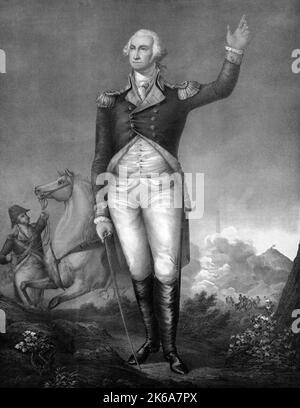 Litografia di George Washington in uniforme durante la guerra rivoluzionaria americana. Foto Stock