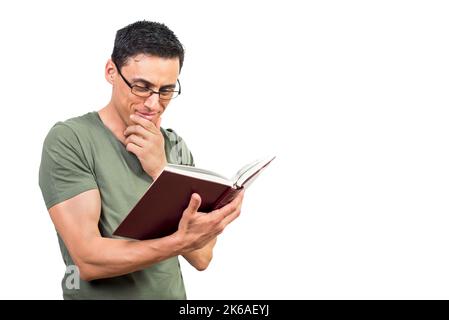 Uomo in vetro leggere libro e pensare Foto Stock