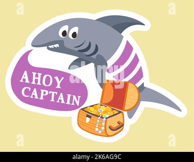 Capitano Ahoy, partito pirata, squalo con tesoro Illustrazione Vettoriale