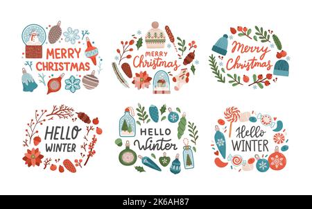 Buon Natale con wreath ciao inverno scrittura isolato piatto disegno vettore Illustrazione Vettoriale