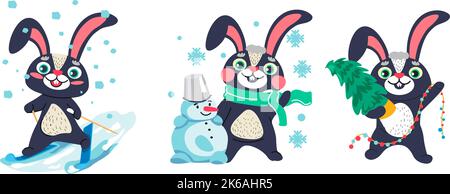 Lepri in inverno, sci e pupazzo di neve Illustrazione Vettoriale