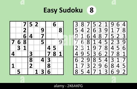 Sudoku gioco con risposte. Semplicità. Set di disegno vettoriale semplice Sudoku. Illustrazione Vettoriale